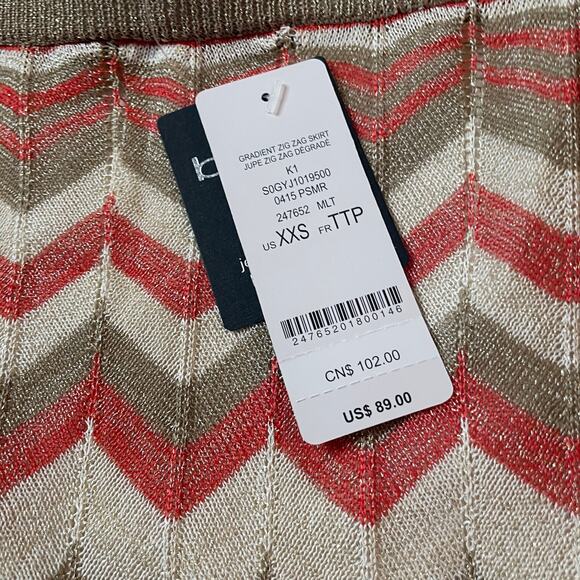 BEBE Chevron Striped Knit Sweater Skirt Tan‎ Pink NWT XXS Midi Scallop Hem - Picture 2 of 5